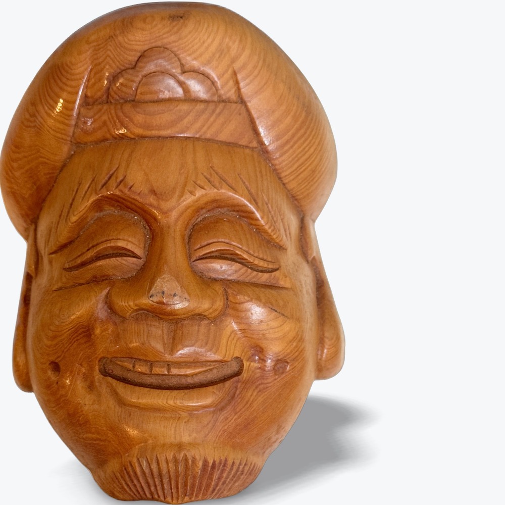 Japanese Daikoku Mask Vintage God of Wealth Lucky Fortune Hand Carved Wood 7 in